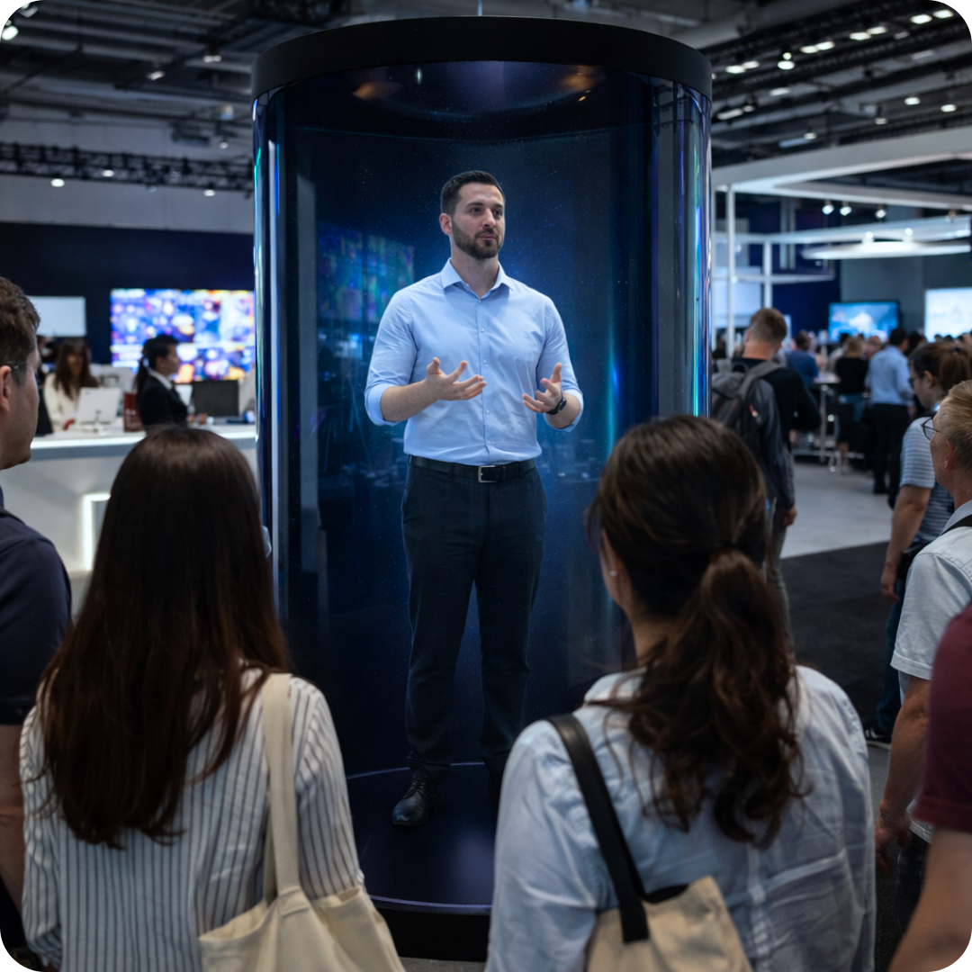 Humano virtual, ponente a escala Holotube dentro de feria de la tecnología