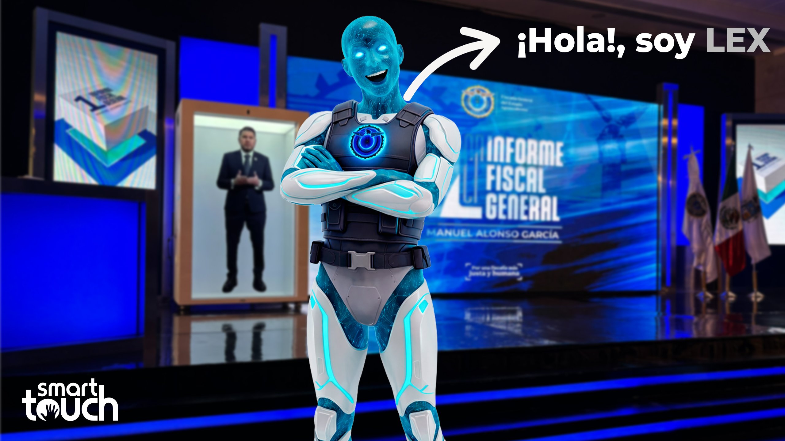 Innovación tecnológica en el Primer Informe del Fiscal General de Aguascalientes: LEX cobra vida en una cabina holográfica.