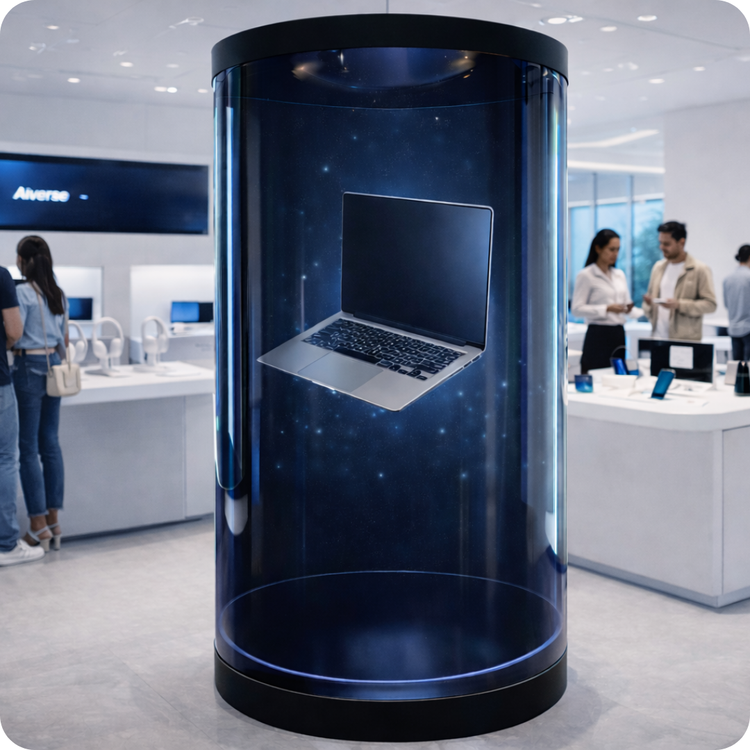 exhibición de producto en holotube tienda de tecnología